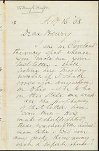 Letter from Wendell Phillips, [Cleveland, Ohio], to Henry Clarke Wright, Feb[ruar]y 16 [18]68