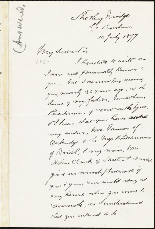 Letter from I. Priestman, Shotley Bridge, [England], to William Lloyd ...