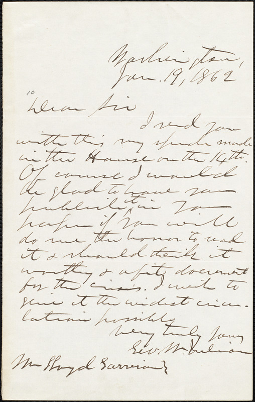 Letter from George Washington Julian, Washington, [D.C.], to William ...