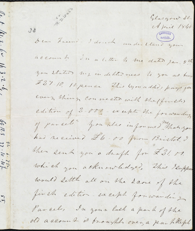 Letter from Frederick Douglass, Glasgow [Scotland], to Richard Davis ...