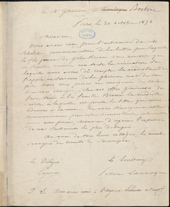 Letter from Patrice Larroque, Paris, [France], to William Lloyd Garrison, 20 [October] 1874
