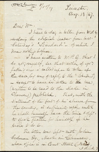 Letter from Samuel May, Jr., Leicester [Mass.], to William Lloyd Garrison, Aug. 13 / [18]67