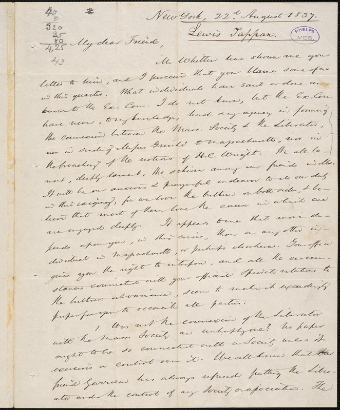 Letter From Lewis Tappan, New York, To Amos Augustus Phelps, 22d August ...