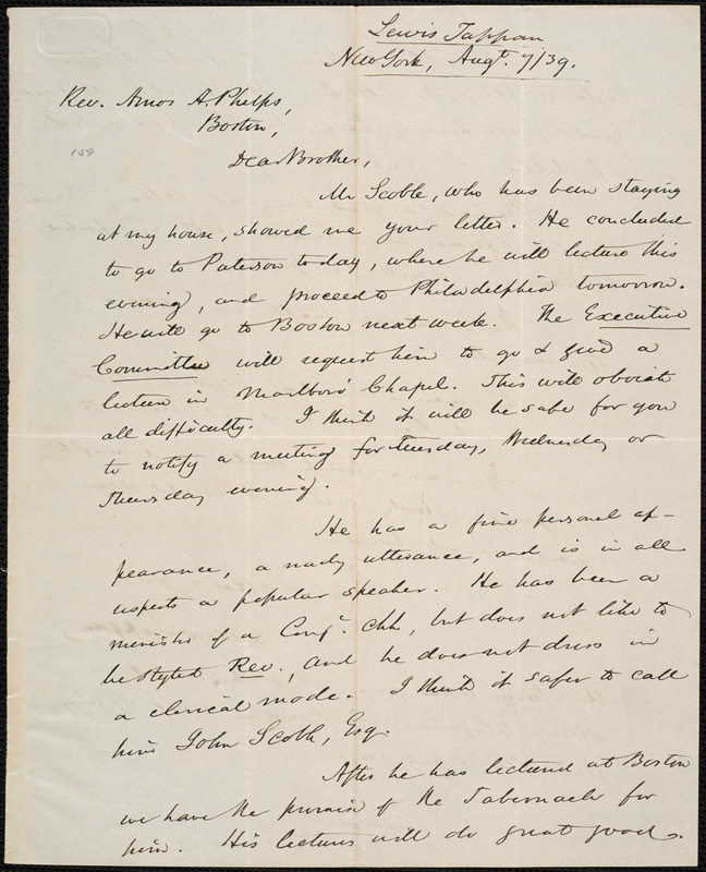 Letter From Lewis Tappan, New York, To Amos Augustus Phelps, 1839 ...