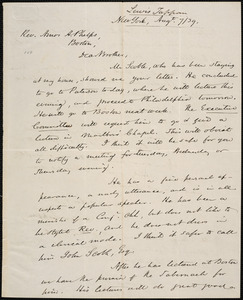 Letter from Lewis Tappan, New York, to Amos Augustus Phelps, 1839 August 9