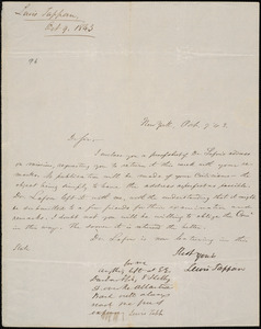 Letter from Lewis Tappan, New York, to Amos Augustus Phelps, 1843 October 9