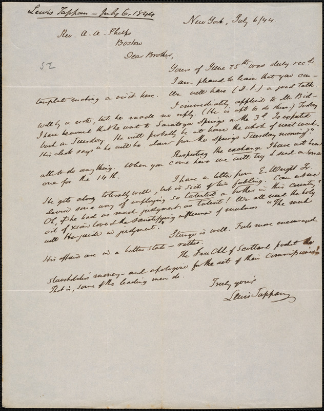 Letter From Lewis Tappan, New York, To Amos Augustus Phelps, 1844 July ...