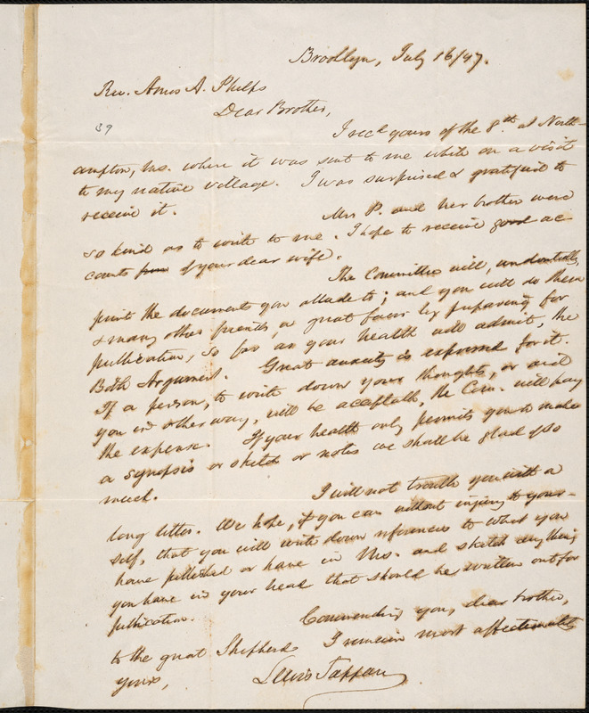 Letter from Lewis Tappan, Brooklyn, to Amos Augustus Phelps, 1847 July ...