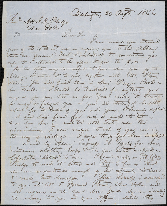Letter from Hopeful Toler, Washington, [D.C.], to Amos Augustus Phelps, 1846 Aug[us]t 20