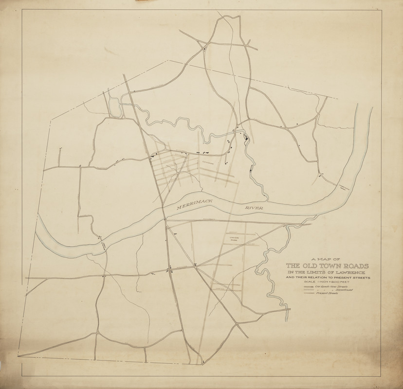 A map of the old town roads in the limits of Lawrence and their relation to present streets