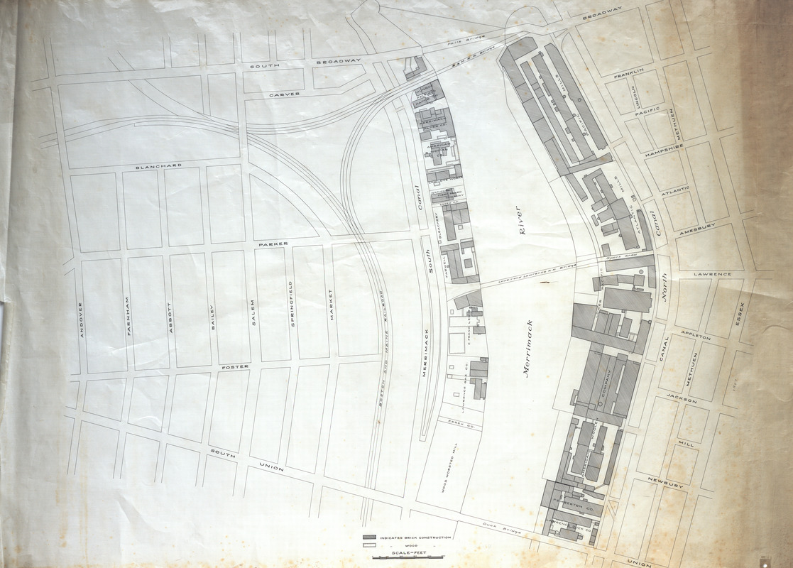Map of mills along the Merrimack River between Broadway and Union Streets