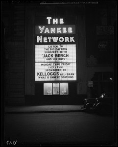 Yankee Network letter board sign advertising Jack Berch and His Boys on WNAC sponsored by Kellogg's All-Bran
