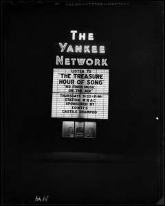 Yankee Network letter board sign advertising The Treasure Hour of Song on WNAC sponsored by Conti's castile shampoo