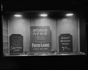 Window display for Sweetheart Soap and Fred Lang Views the News on WNAC