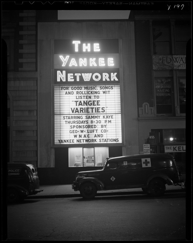 Yankee Network letter board sign advertising Tangee Varieties on WNAC sponsored by Geo-W-Luft Co.