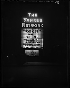 Yankee Network letter board sign advertising You Can't Take It With You on WNAC sponsored by Emerson Radio and Phonograph Company
