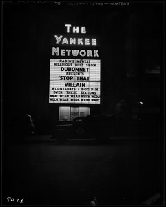Yankee Network letter board sign advertising Stop That Villain on WNAC sponsored by Dubonnet