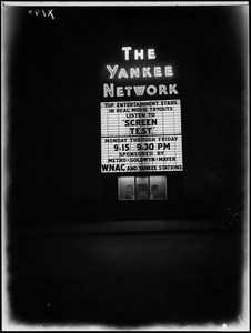 Yankee Network letter board sign advertising Screen Test on WNAC sponsored by Metro-Goldwyn-Mayer