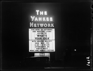 Yankee Network letter board sign advertising What's Your Idea on WNAC sponsored by Duffy Mott