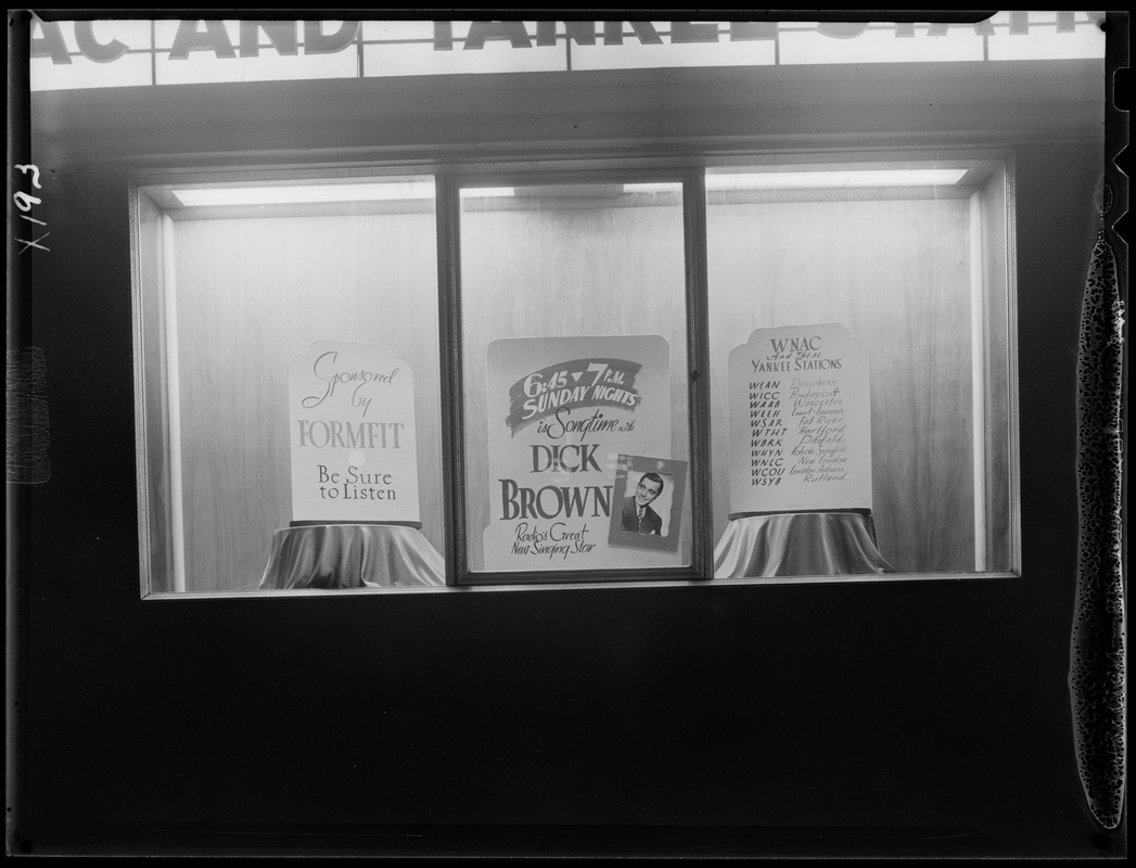 Window display for Songtime with Dick Brown on WNAC sponsored by Formfit