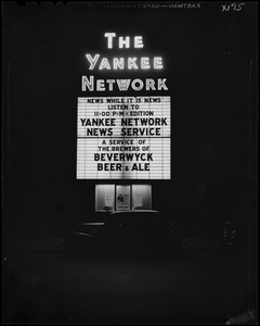 Yankee Network letter board sign advertising Yankee Network News Service on WNAC sponsored by Beverwyck Beer & Ale