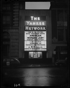 Yankee Network letter board sign advertising American Woman's Jury on WNAC sponsored by N. R. Tablets