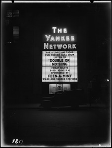 Yankee Network letter board sign advertising Double or Nothing on WNAC sponsored by Feen-a-mint