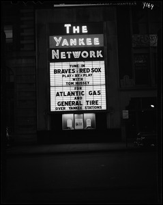 Yankee Network letter board sign advertising Braves and Red Sox baseball games with Tom Hussey sponsored by Atlantic Gas and General Tire