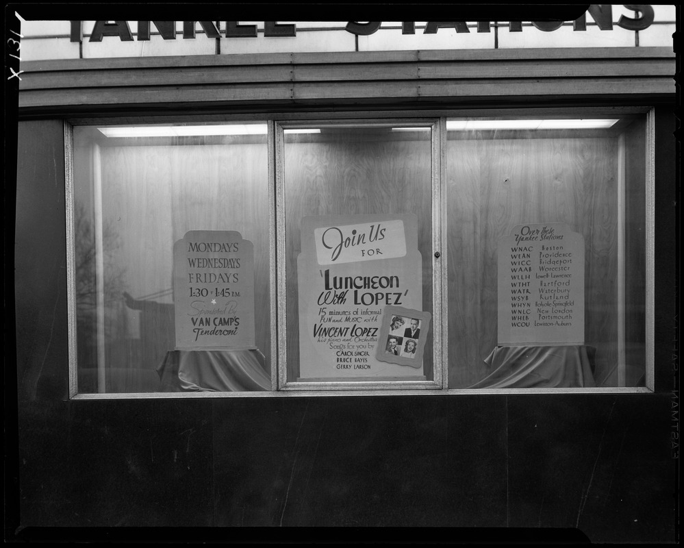 Window display for Luncheon with Lopez on WNAC sponsored by Van Camp's Tenderoni