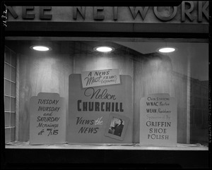 Window display for Nelson Churchill Views the News on WNAC sponsored by Griffin Shoe Polish