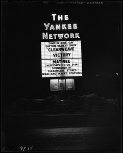 Yankee Network letter board sign advertising Clear Weave Victory Matinee on WNAC sponsored by Clear Weave Stores