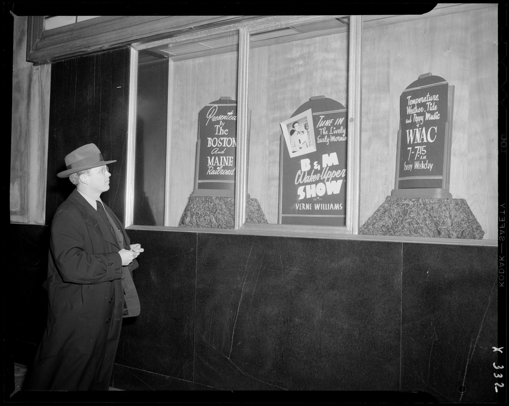 Window display advertising B&M Waker-upper Show on WNAC sponsored by The Boston and Maine Railroad