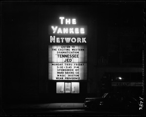 Yankee Network letter board sign advertising Tennessee Jed on WNAC sponsored by Ward Baking Co.