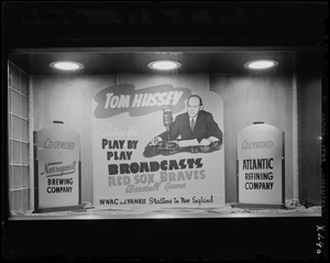 Window display for Braves and Red Sox baseball games with Tom Hussey on WNAC sponsored by Narragansett Brewing Company