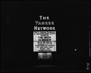 Yankee Network letter board sign advertising The Week in Review with Jim Healey on WNAC sponsored by Save-the-baby