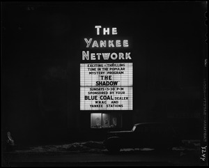 Yankee Network letter board sign advertising The Shadow on WNAC sponsored by Blue Coal