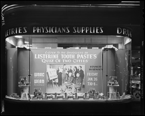 Display for Quiz of Two Cities on WNAC sponsored by Listerine Tooth Paste in window of Kenmore Pharmacy
