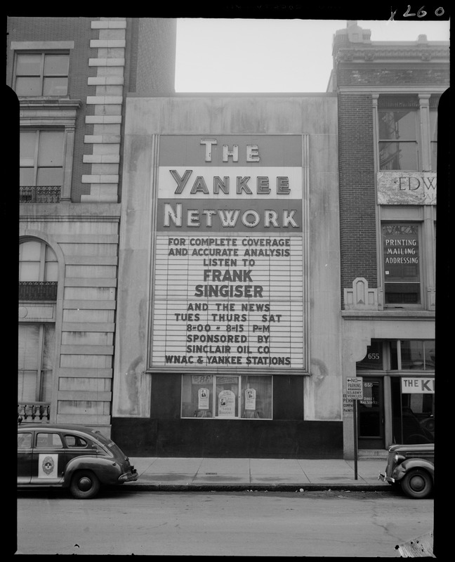 Yankee Network letter board sign advertising Frank Singiser on WNAC sponsored by Sinclair Oil Co.