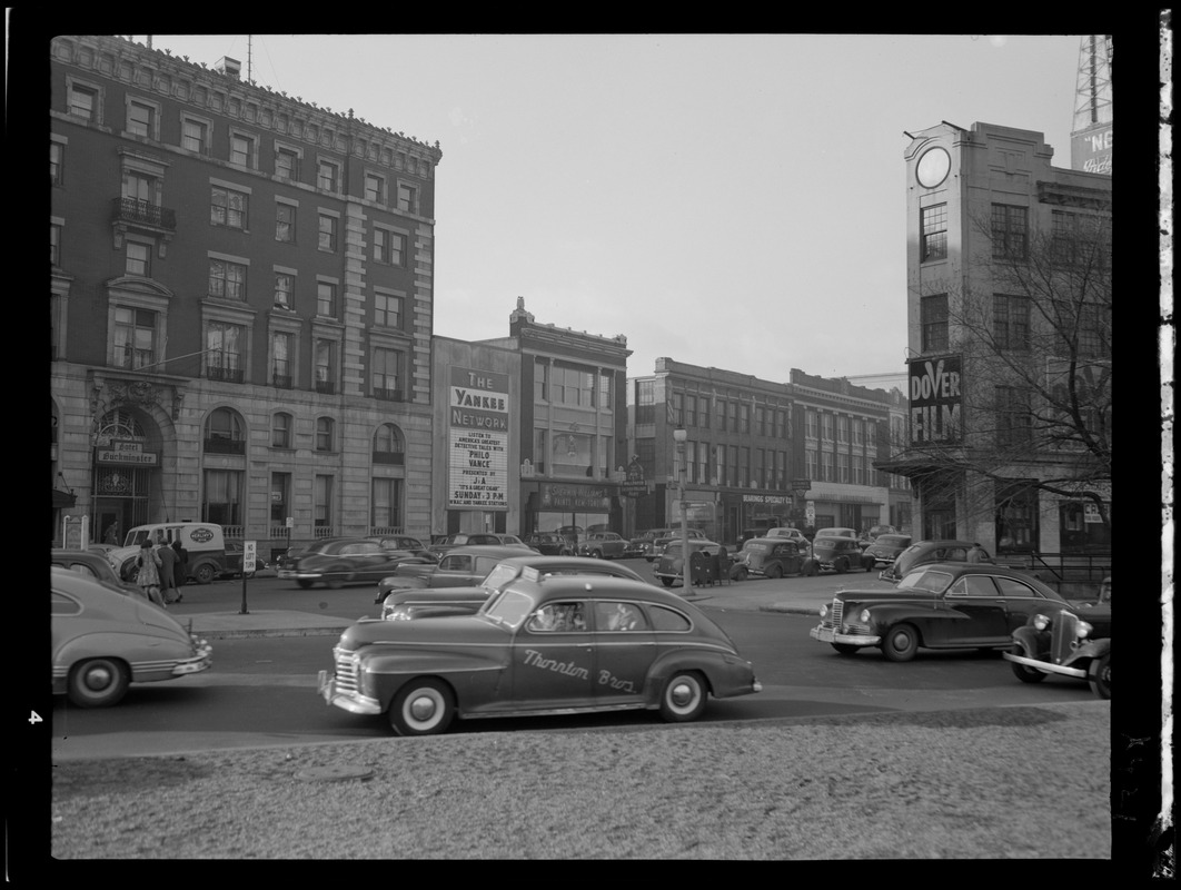 Street scene with Yankee Network letter board sign advertising Philo Vance on WNAC sponsored by J. A. Cigars