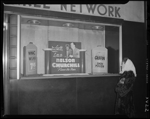 Window display for Nelson Churchill Views the News on WNAC sponsored by Griffin Shoe Polish