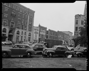 Street scene with Yankee Network letter board sign advertising Adventures of Superman on WNAC sponsored by Kellogg's