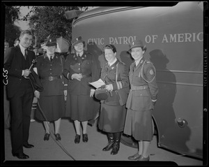 Jay Wesley of WEEI with Col. Natalie Hays Hammond, Capt. Mary A. Tucker, and other members of the Civic Patrol of America