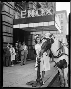 Patricia Seaver outside hitching post party, Hotel Lenox