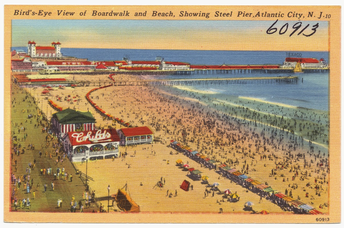 Bird's-eye view of boardwalk and beach, showing Steel Pier, Atlantic City, N. J.