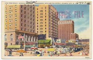 View from beach, showing Chelsea, Ambassador, Ritz Carlton Hotels, Atlantic City, N. J.