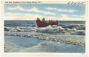 Fish boat landing in surf, Beach Haven, N. J.