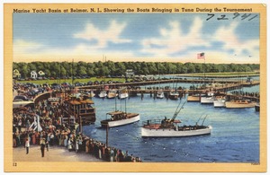 Marine Yacht basin at Belmar, N. J., showing the boats bringing in tuna during the tournament