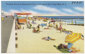 Bathing beach & boardwalk front of Congress Hall, Cape May, N. J.