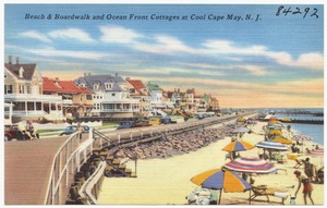Beach & boardwalk and ocean front cottages at cool Cape May, N. J.