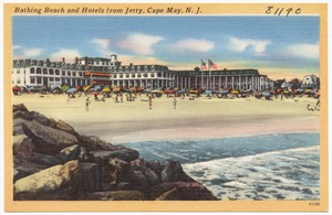 Bathing beach and hotels from jetty, Cape May, N. J.